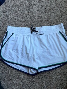 White Women’s Athletic Shorts with Navy & Green Trim